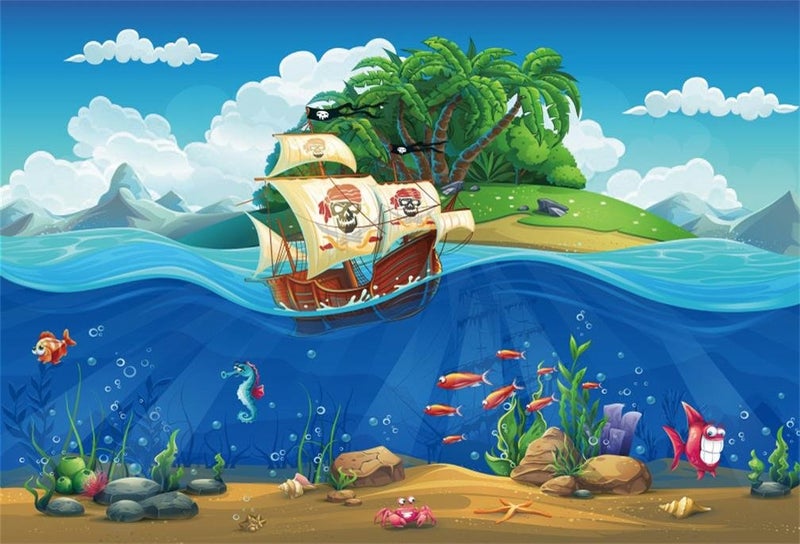 AOFOTO 5x3ft Cartoon Pirate Ship Underwater World Backdrop Fantasy Seaworld Fishes Plants Tropical Island Photography Background Summer Party Decor Kid Birthday Banner Wallpaper Photo Studio Props - Image 1